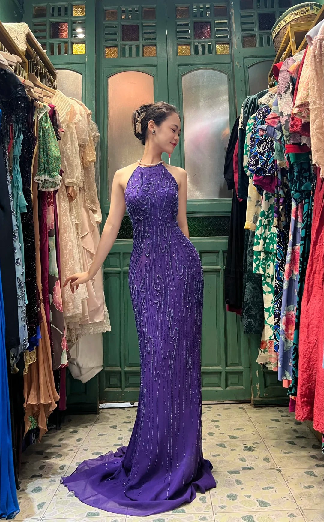 Vintage Deep Purple Mermaid Halter Neck Backless Beaded Chiffon Prom Dress Evening Dress