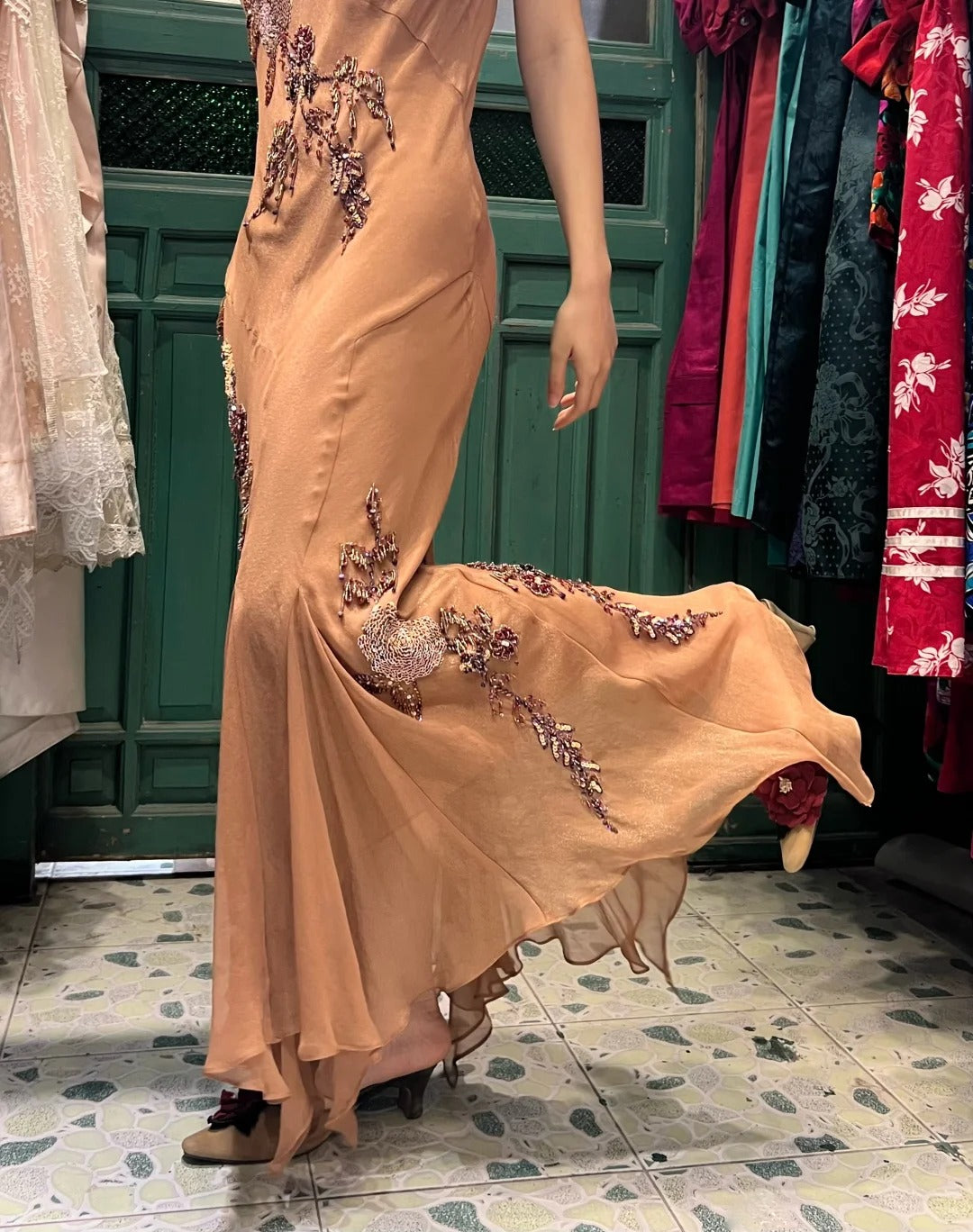 Elegant Brown And Gold Mermaid Halter-Neck Embroidered Beaded Chiffon Long Prom Dress Evening Dress
