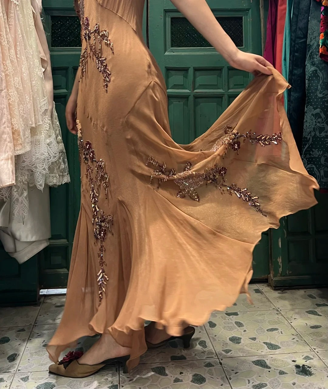 Elegant Brown And Gold Mermaid Halter-Neck Embroidered Beaded Chiffon Long Prom Dress Evening Dress
