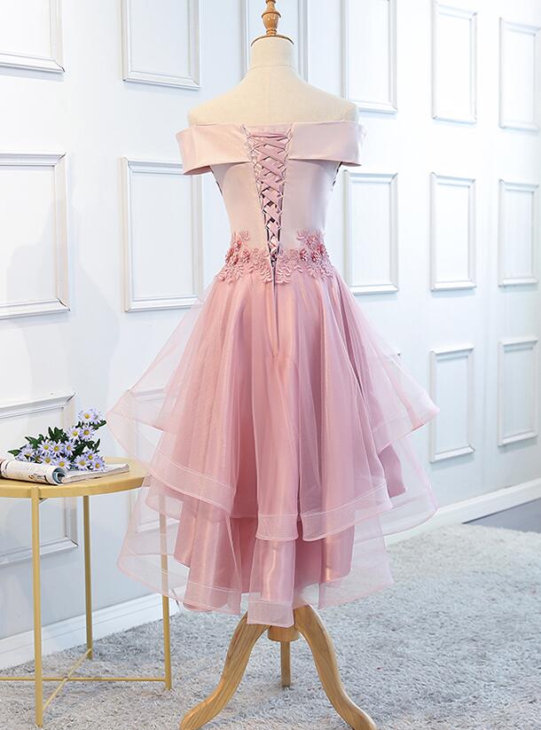 Lovely Off Shoulder Tulle Pink Layers Homecoming Dress, High Low Party Dress