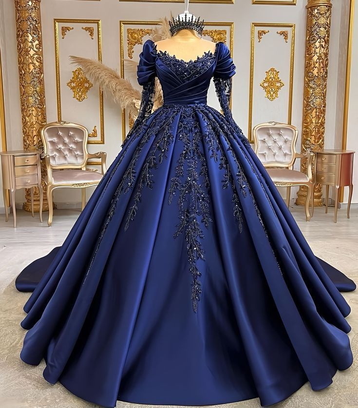 Elegant Navy Blue O-Neck Sequined Appliques Long Sleeves Quinceanera Evening Dress Ball Gown Floor Length Princess Prom Dress
