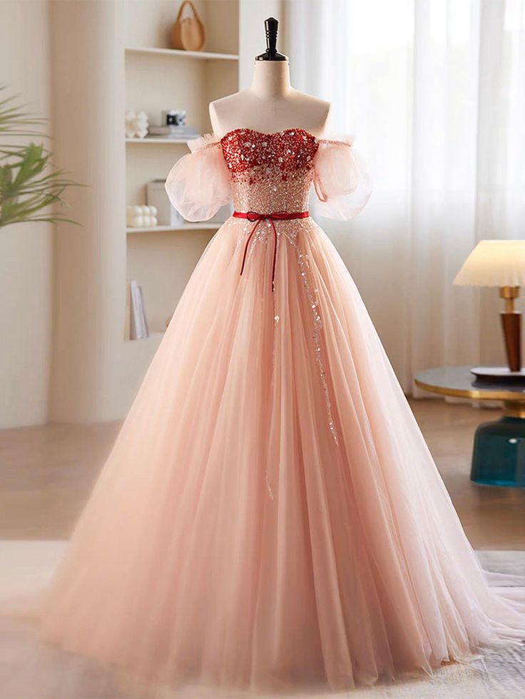 A-Line Sweetheart Neck Sequin Tulle Long Prom Dress, Formal Dress
