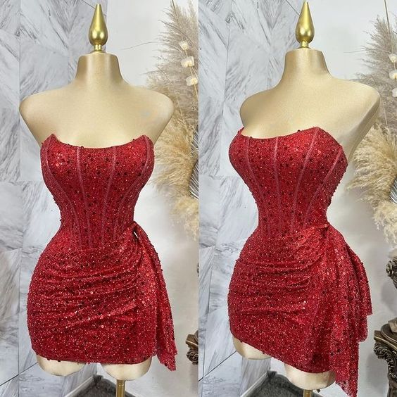 Pink Strapless Sequins Party Dress Mini Homecoming Dress Birthday Outfits