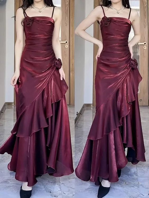 Spaghetti Straps Women Dress Custom Sexy Wine Red Tiered 3D Flower Evening Dress