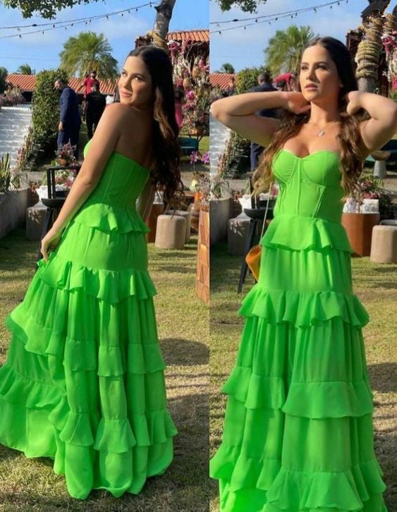 Sweetheart Green A-Line Prom Dresses,Floor Length Ruffles Evening Gown