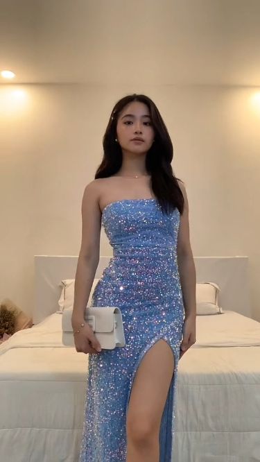 Strapless Blue Sequin Sexy Evening Dress