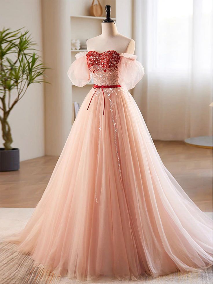 A-Line Sweetheart Neck Sequin Tulle Long Prom Dress, Formal Dress