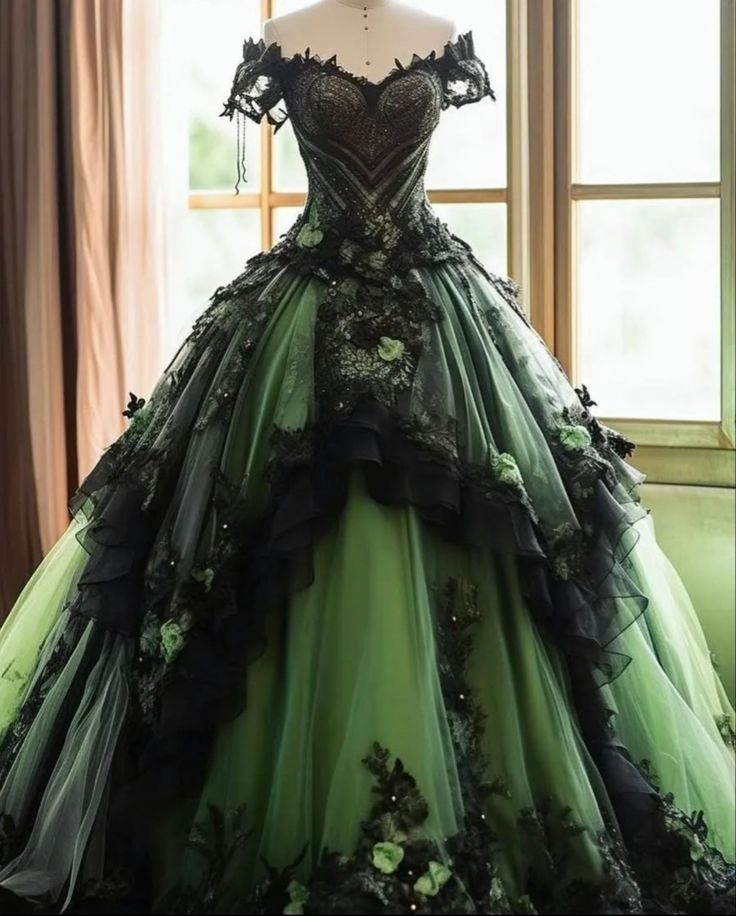 Off Shoulder Black And Green Tulle Appliques Quinceanera Dress A Line Ball Gown