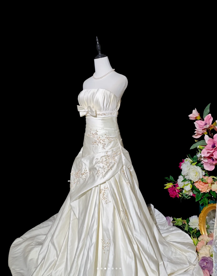 Charming Strapless Ivory Beaded Satin Pleated Mermaid Long Evening Dress Formal Birthday Prom Gowns