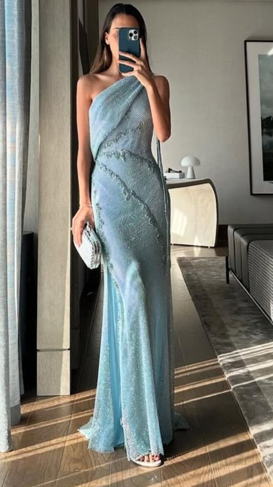 One Shoulder Blue Prom Dress Graduation Dress 22nd Birthday Outfit