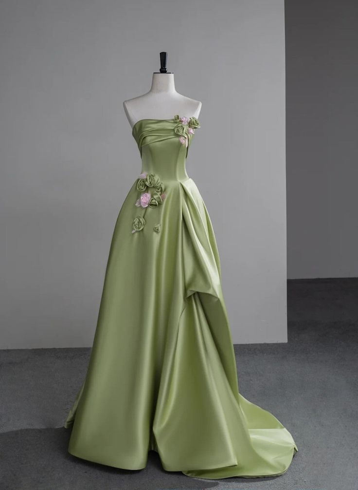 Elegant Green Satin Party Dress With Flowers, Green Long Prom Dress