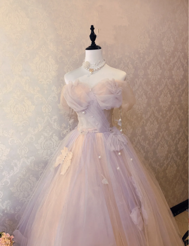 Dreamy Light Pink Off-shoulder Tulle Floor-Length Ball Gown Evening Dress