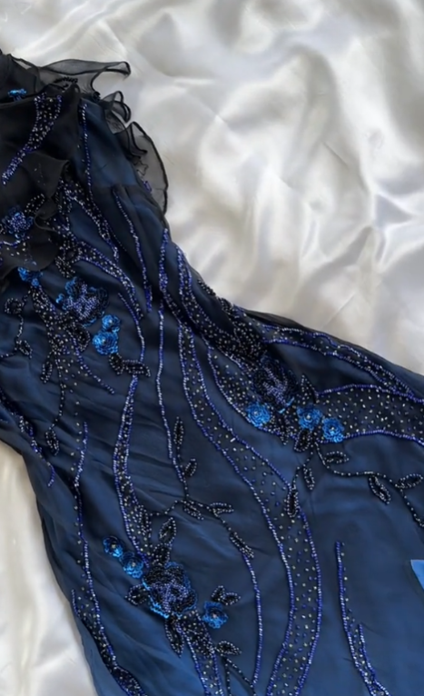 Elegant A Line Spaghetti Straps Navy Blue Chiffon Beads Long Prom Dresses Formal Dress