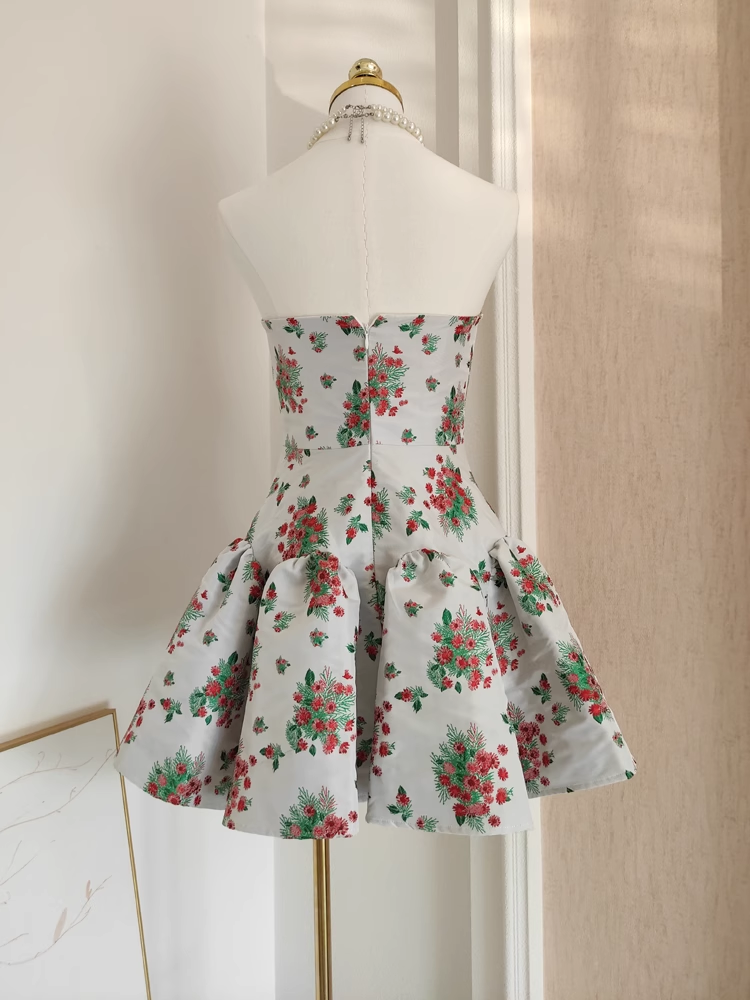 Cute A line Strapless Sleeveless Red Floral Party Dress Short Birthday Dresses