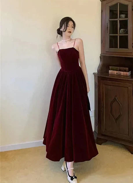 Spaghetti Straps Burgundy Velvet Prom Dress Simple Prom Dress Party Dress