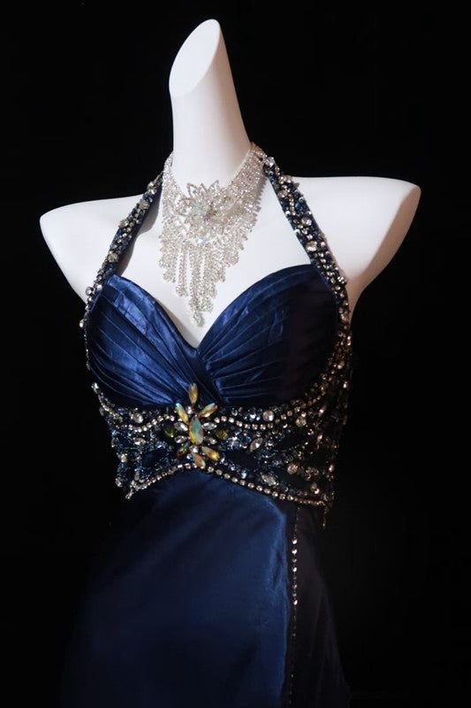 Gorgeous Navy Blue Halter Beaded Satin Memiad Prom Dress Fashion Slit Party Prom Dress