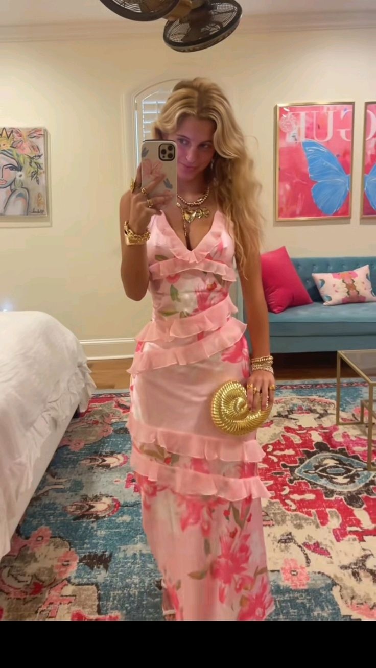 V Neck Pink Flora Prom Party Dress Evening Dress 21st Birthday Outfit