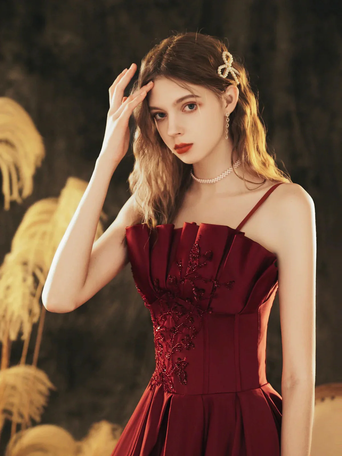 Wine Red Satin Beaded Straps Prom Dress Evening Dress, Wine Red A-line Formal Dress