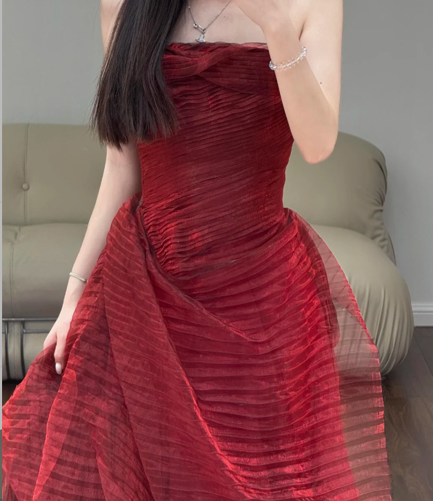Burgundy Prom Party Dress Sleeveless Evening Dress Birthday Outfit