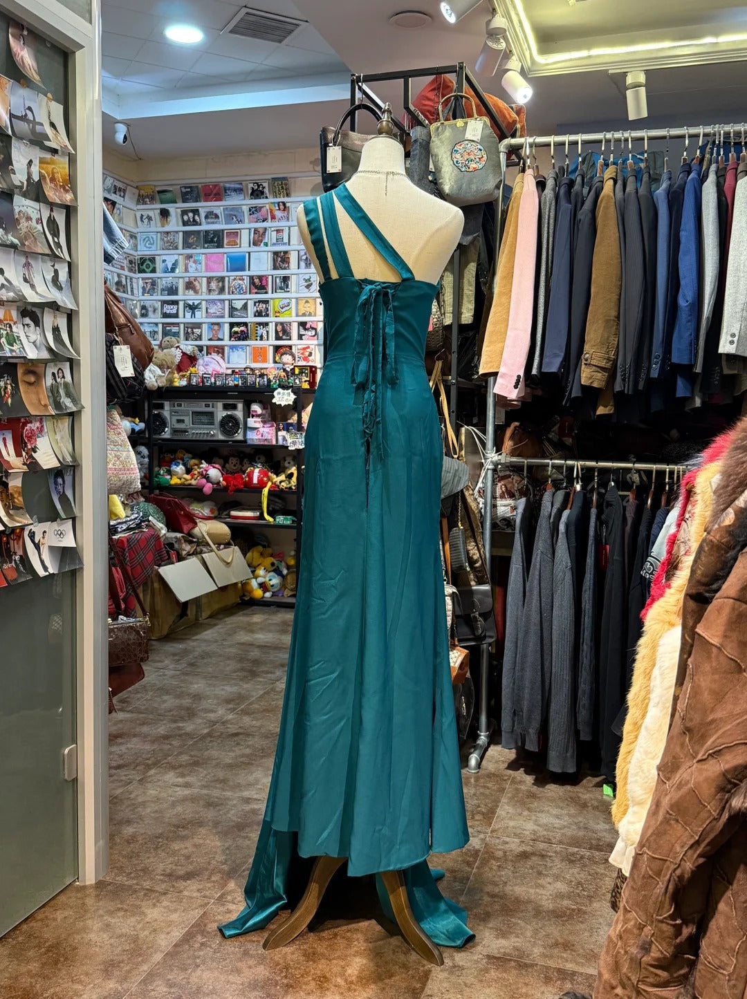 Elegant Peacock Green One-Shoulder Pearl Ribbon Satin Long Prom Dress Evening Dress