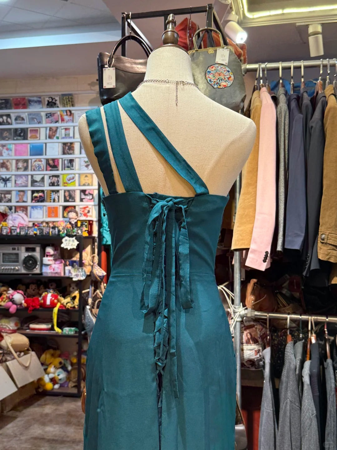 Elegant Peacock Green One-Shoulder Pearl Ribbon Satin Long Prom Dress Evening Dress