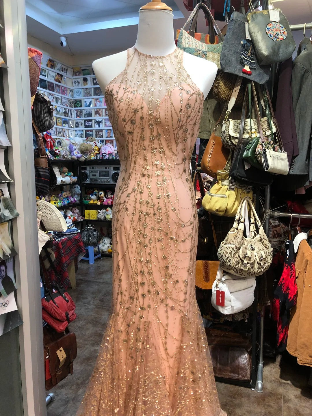Sparkling Pink Mermaid Halter Neck Crossback Backless Tulle Long Prom Dress Evening Dress