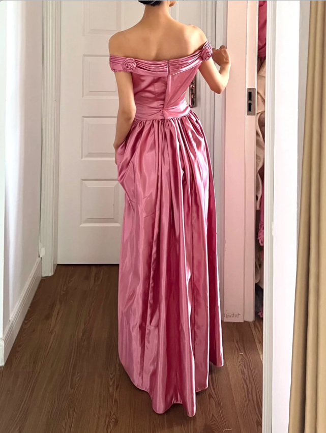 Retro Sweet Pink A-line 3D Floral Off-Shoulder Satin Long Prom Dress Evening Dress