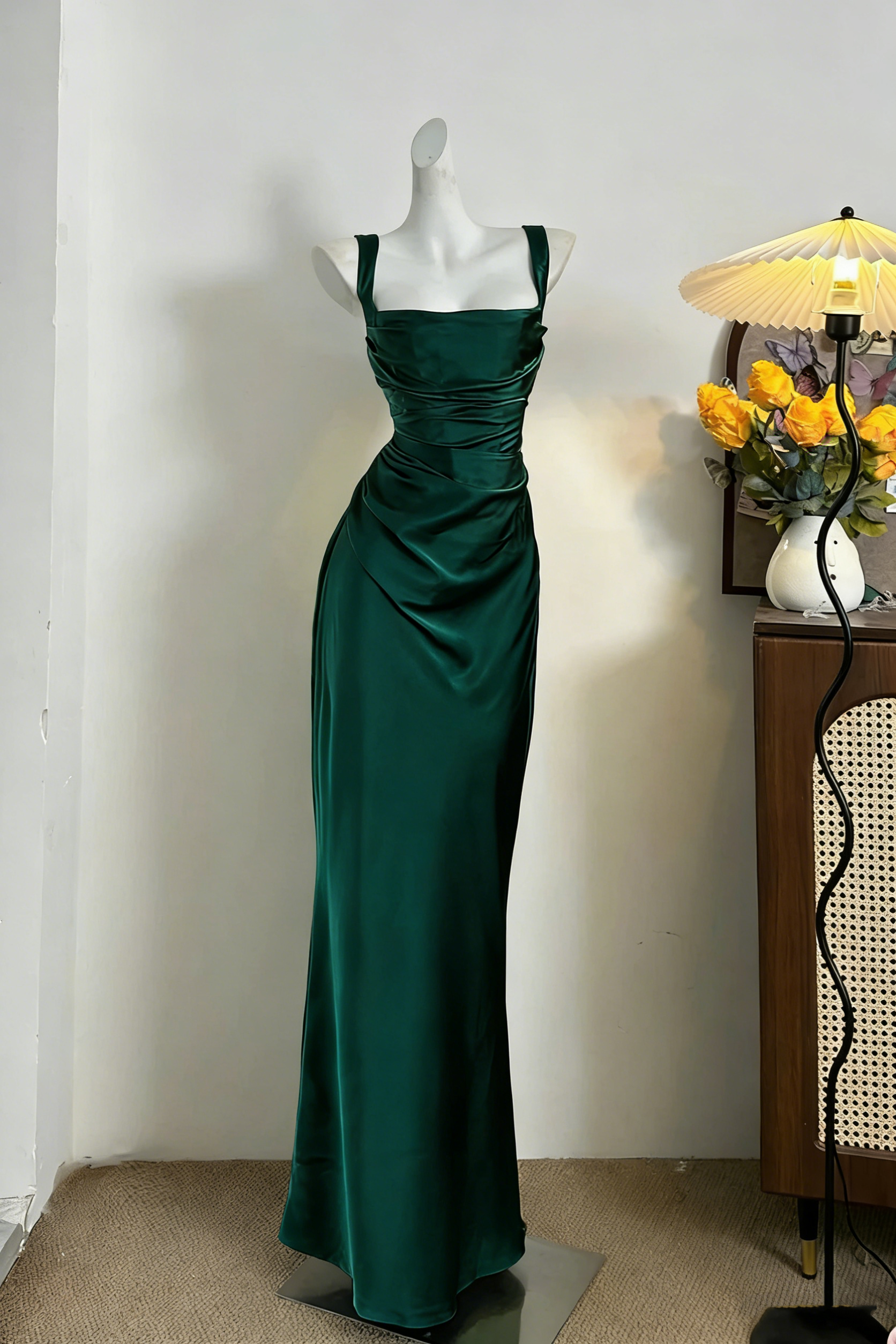 Classy Green Satin Mermaid Long Wedding Guest Dress Formal Birthday Prom Dress Party Dress