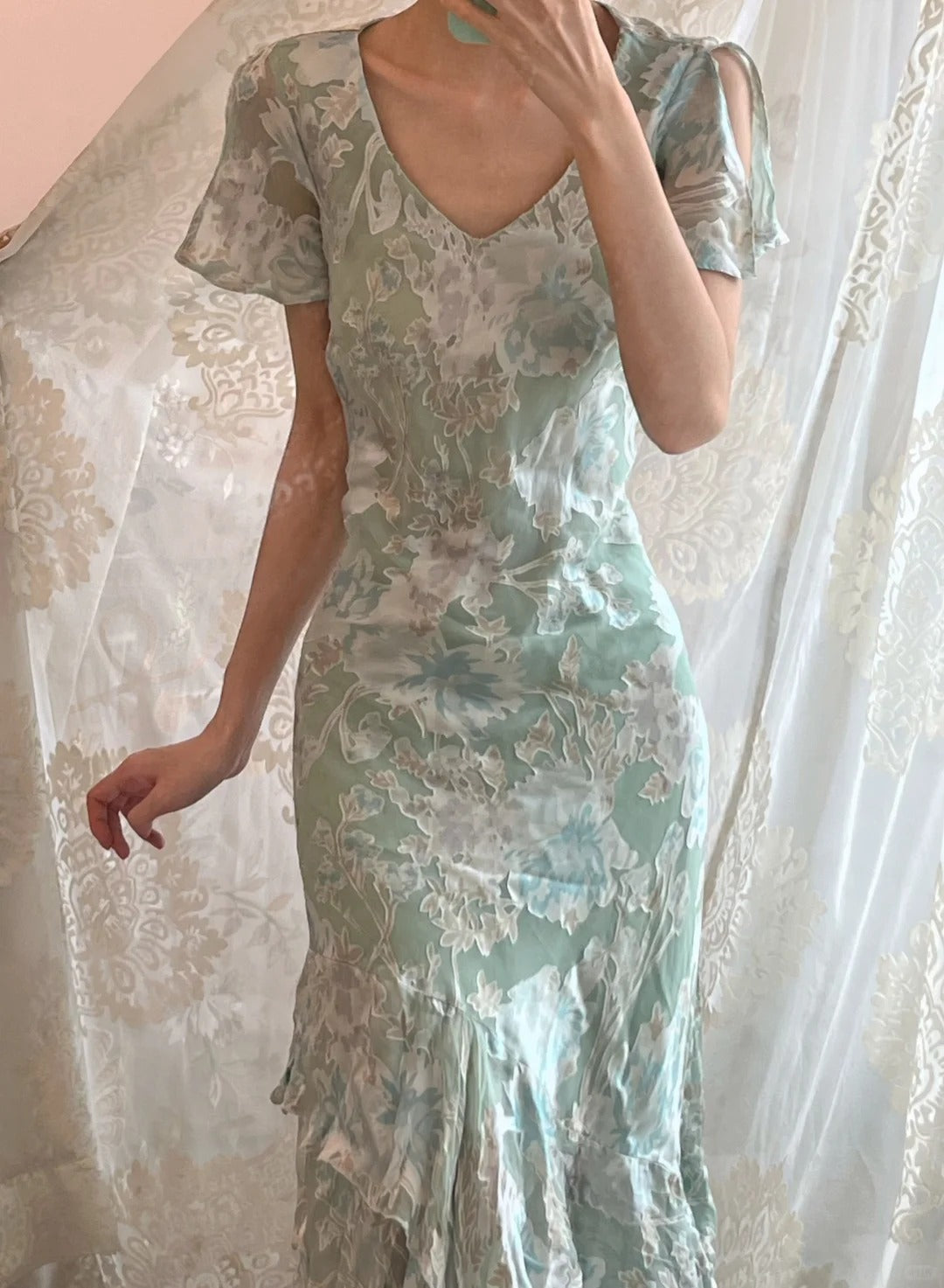 Sweet Light Green Floral Print Ruffled V-neck Chiffon Long Prom Dress Evening Dress