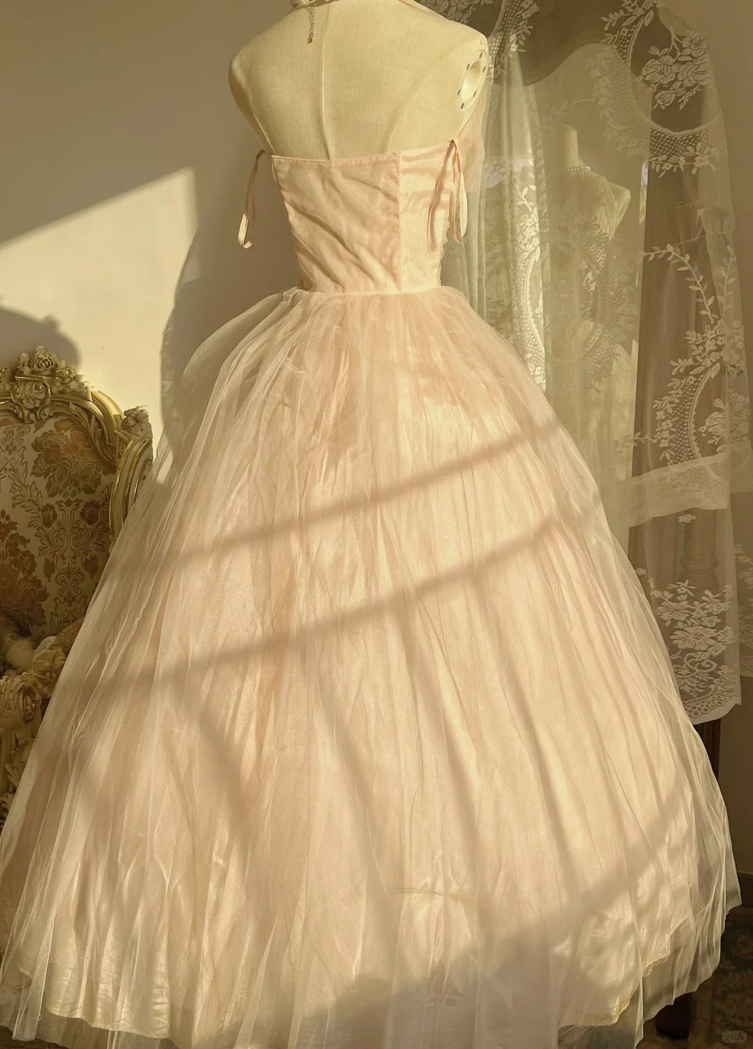 Sweet Pink Halter Neck Tulle Long Ball Gown Evening Dress