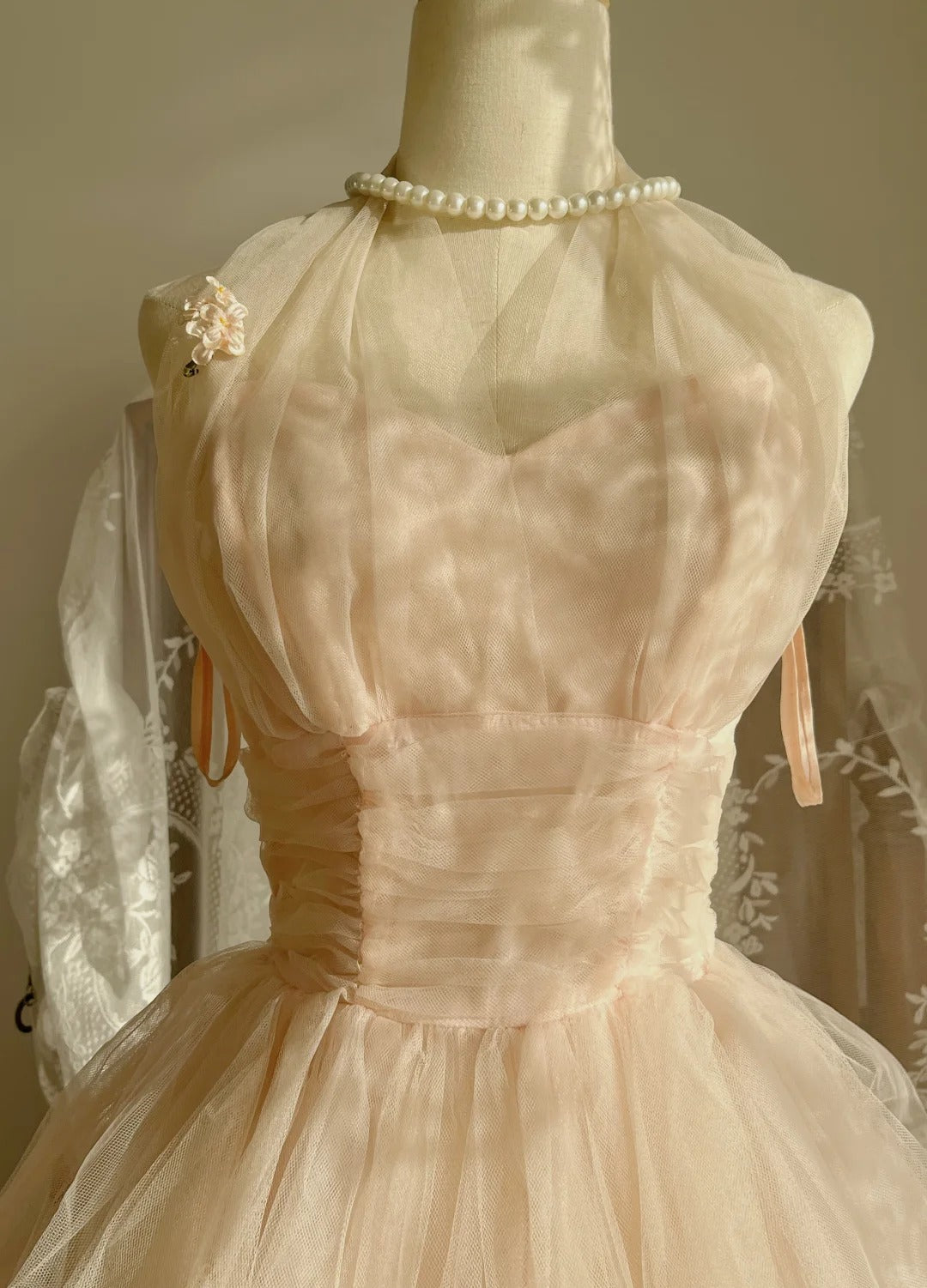Sweet Pink Halter Neck Tulle Long Ball Gown Evening Dress