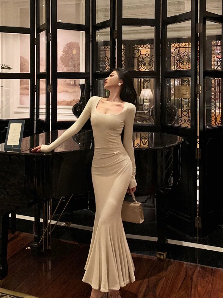 Chic Mermaid Square Neckline Long Sleeves White Long Prom Dresses Birthday Dress