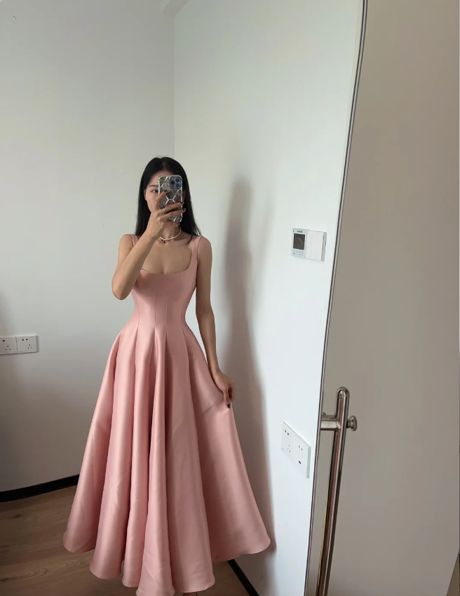 Simple And Elegant Pink A-line Square Neck Halter Satin Prom Dress Evening Dress