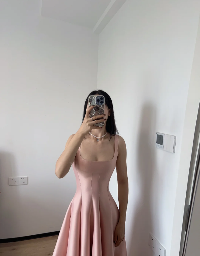 Simple And Elegant Pink A-line Square Neck Halter Satin Prom Dress Evening Dress