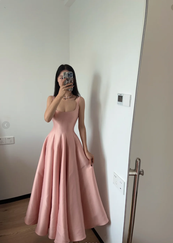 Simple And Elegant Pink A-line Square Neck Halter Satin Prom Dress Evening Dress