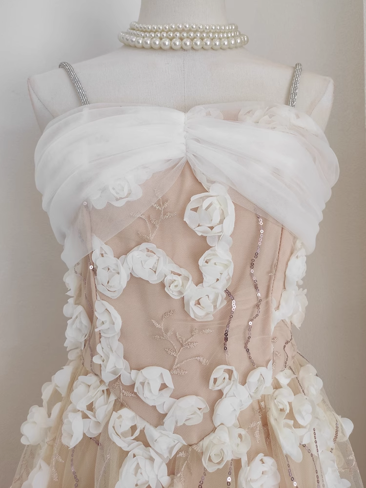 Sexy A line Spaghetti Straps White Satin Floral Dinner Party Dresses Birthday Outfits