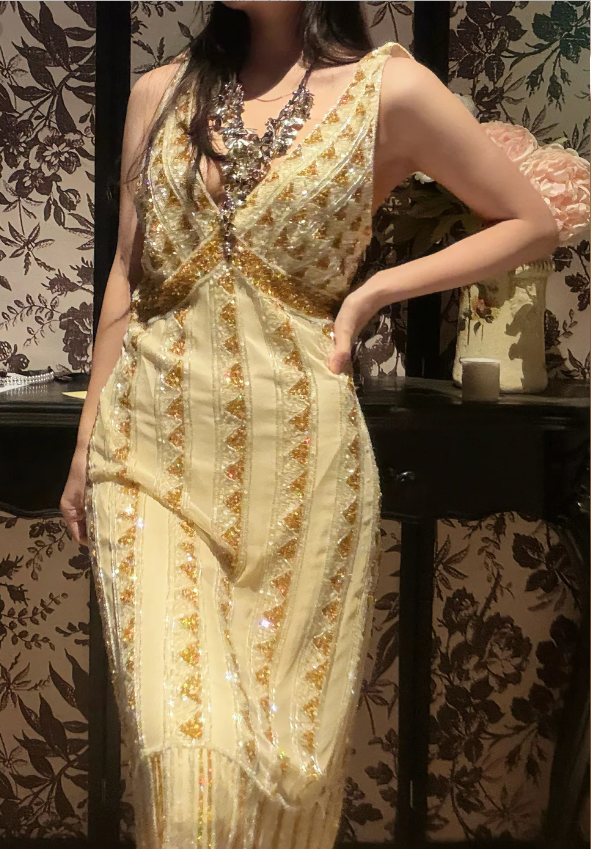 Vintage Champagne Gold Mermaid V-neck Sequined Prom Dress Evening Dress