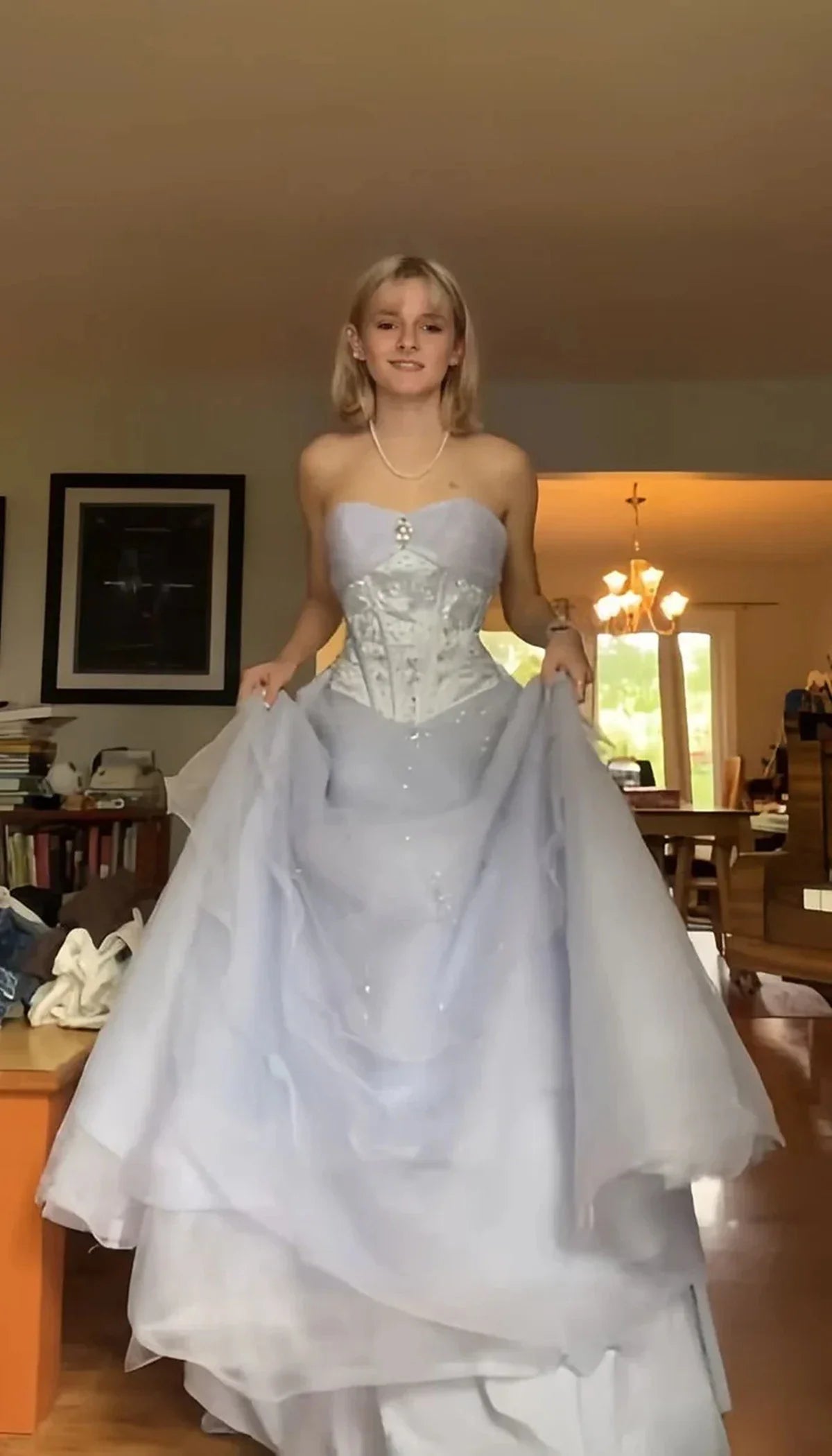 Princess Light Purple Strapless Beaded Tulle Long Ball Gown Evening Dress