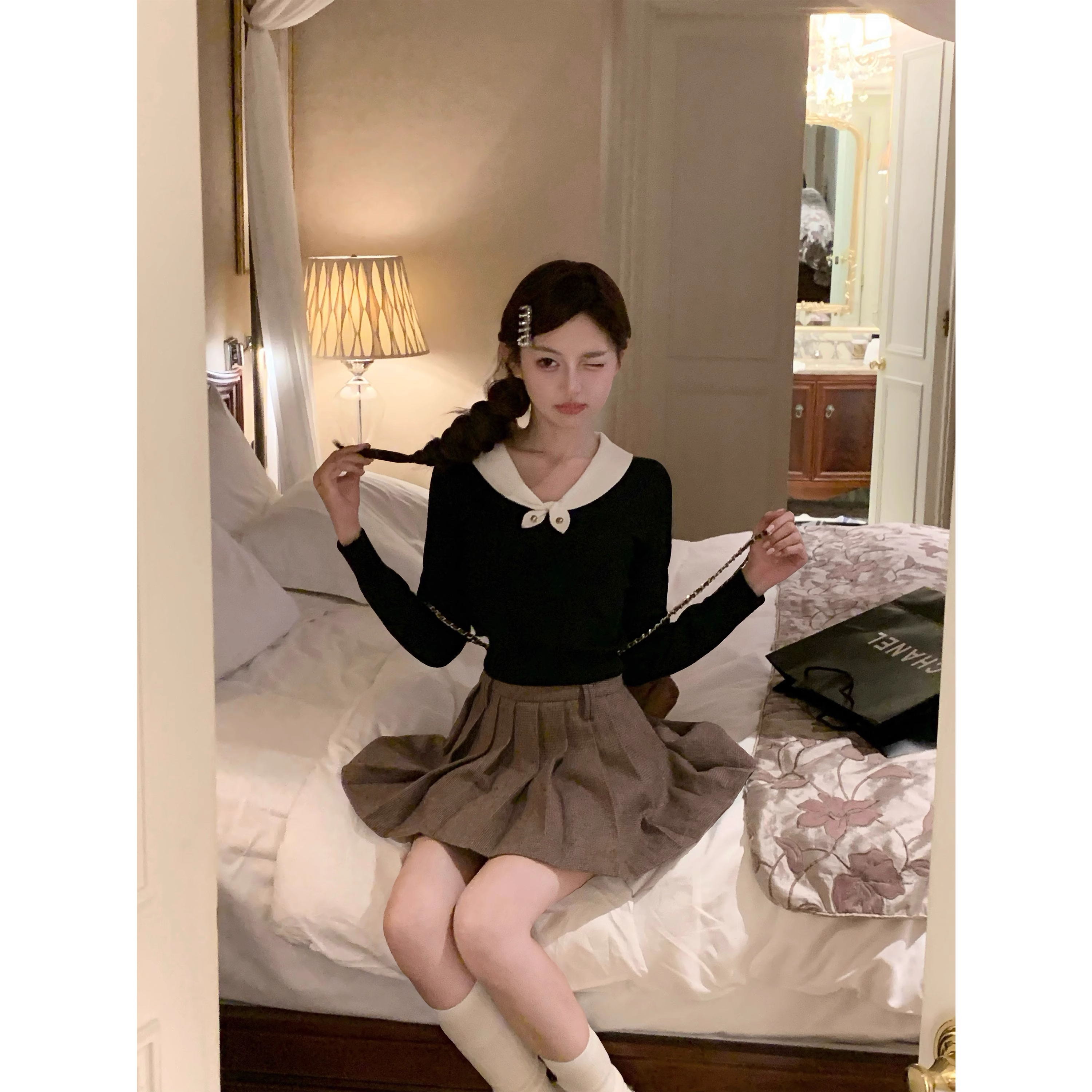 Slim-fit long-sleeved top, sweet knit sweater for petite women A85