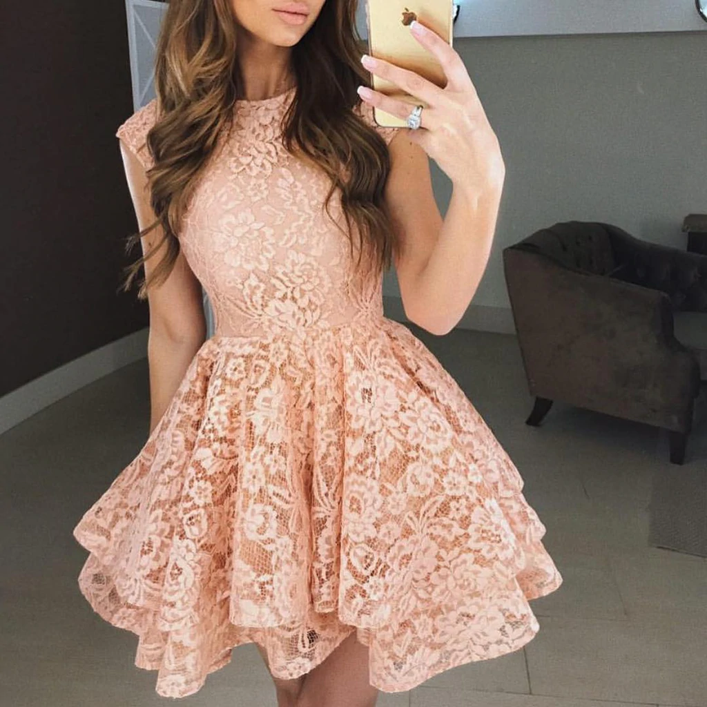 Round Neck Cap Sleeves Short Lace Prom Dresses, Round Neck Short Cap Sleeves Lace Formal Homecoming Graduation Dresses
