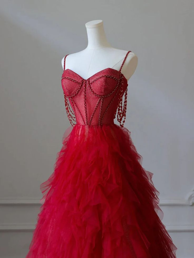 Charming Burgundy Sweetheart Neck Tulle Beads Long Prom Dress A Line Party Evening Gown