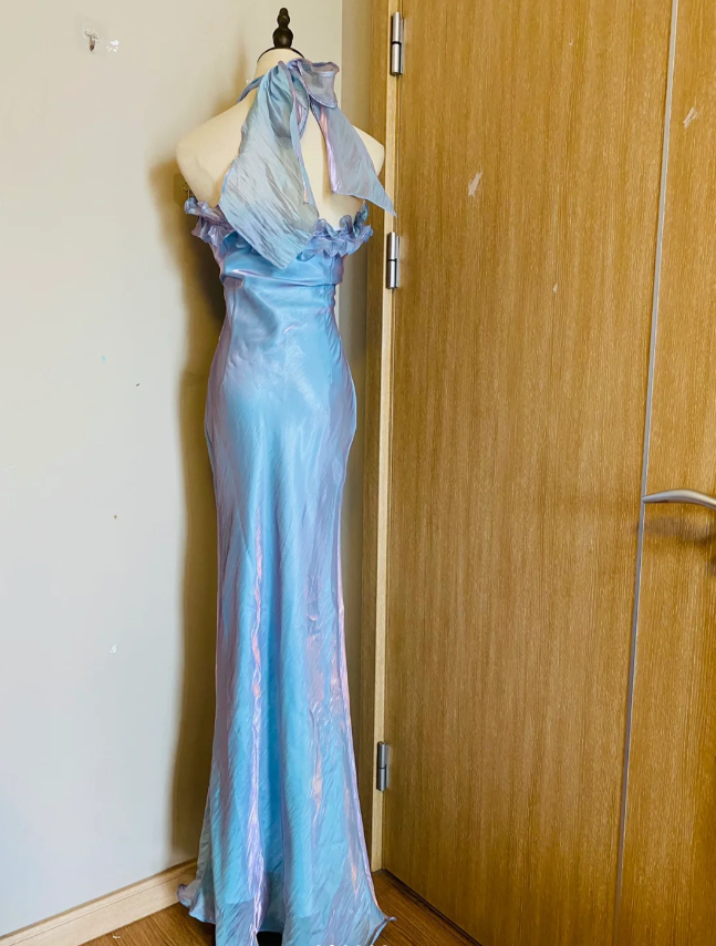 Dreamy Mermaid 3D Floral Ruffle Halter Neck Satin Long Prom Dress Evening Dress