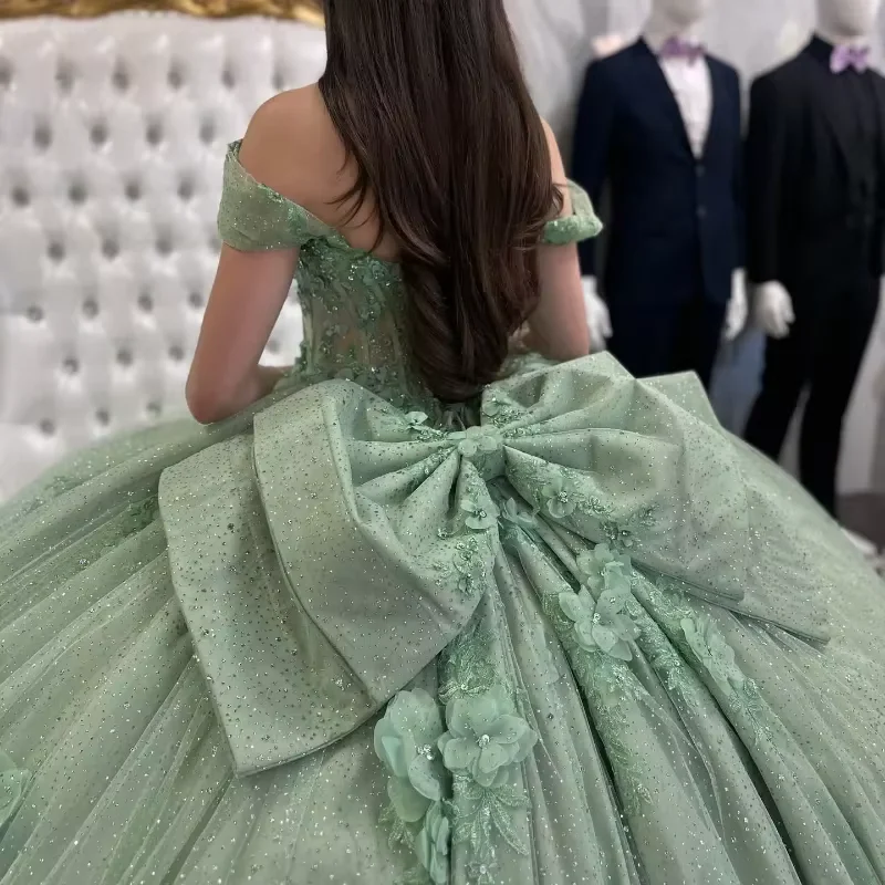 Beautiful Tulle Sequins Off The Shoulder Quinceanera Dress,Green Ball Gown With Bow