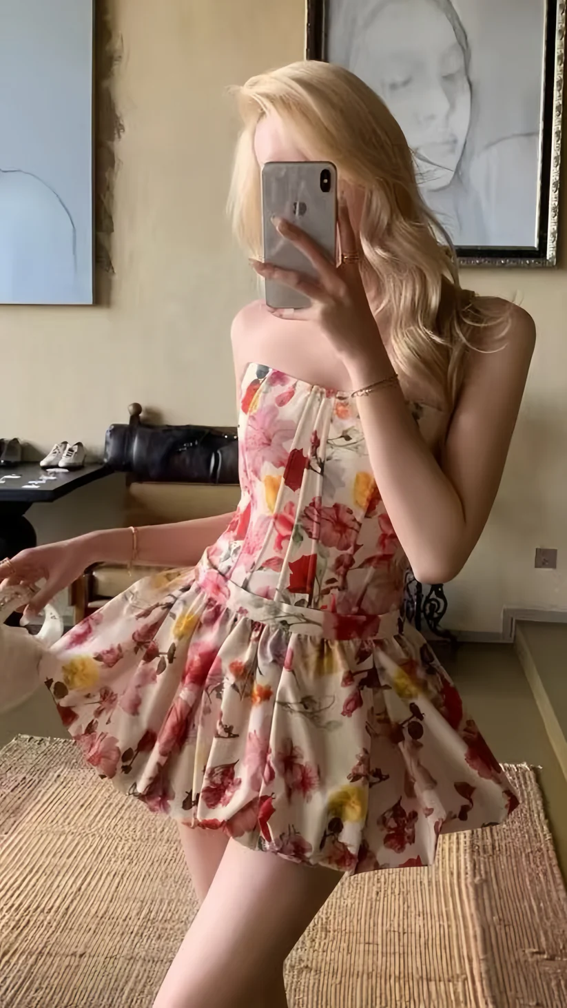 Pretty Strapless Satin Print Floral A Line Short 21st Birthday Outfits Homecoming Dress