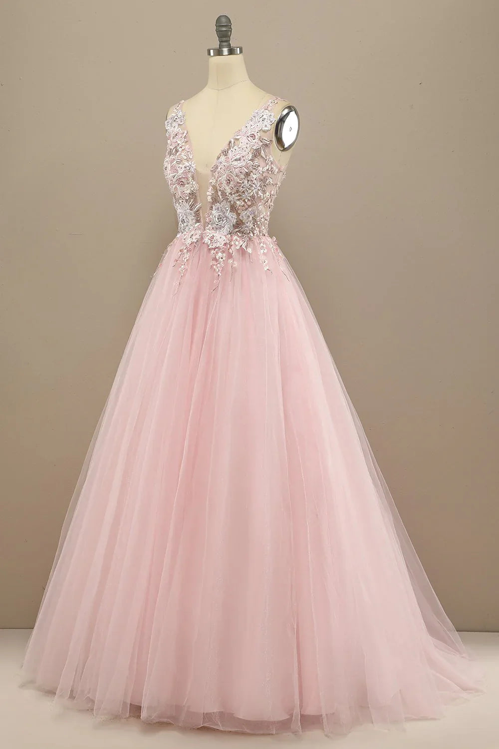 Pink Floral Embroidery V Neck Long Prom Dress
