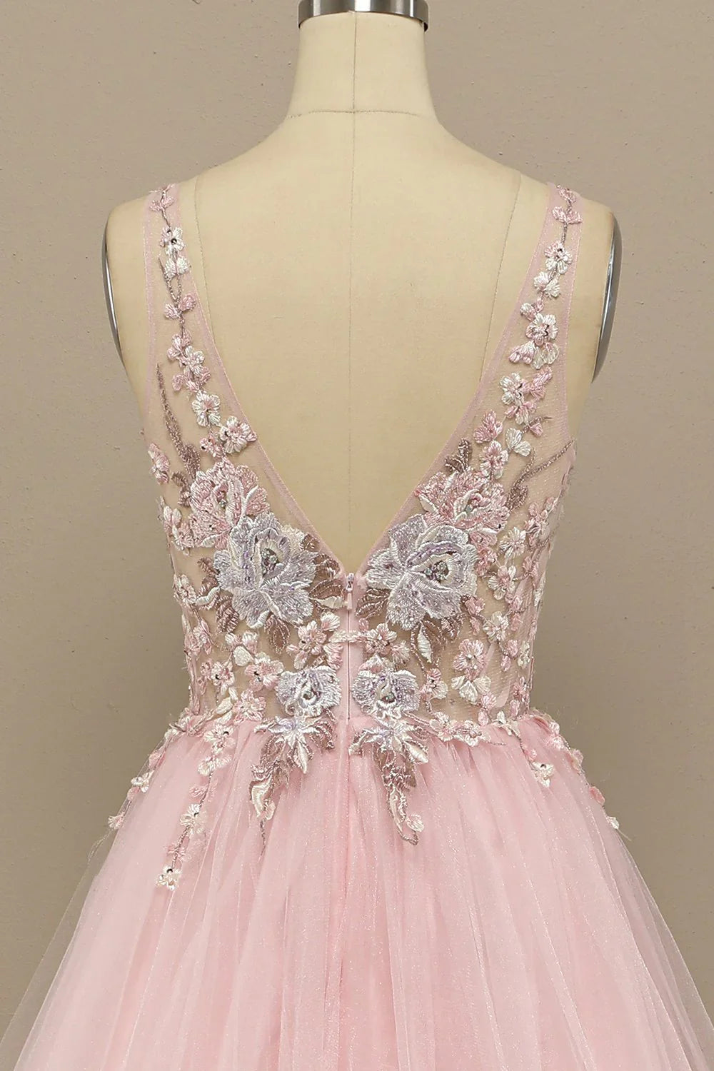 Pink Floral Embroidery V Neck Long Prom Dress