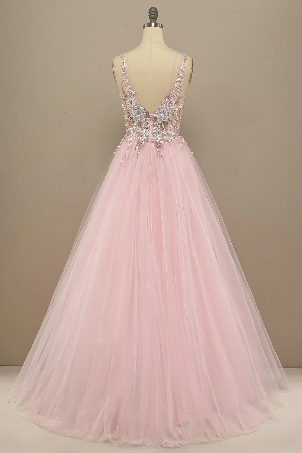 Pink Floral Embroidery V Neck Long Prom Dress