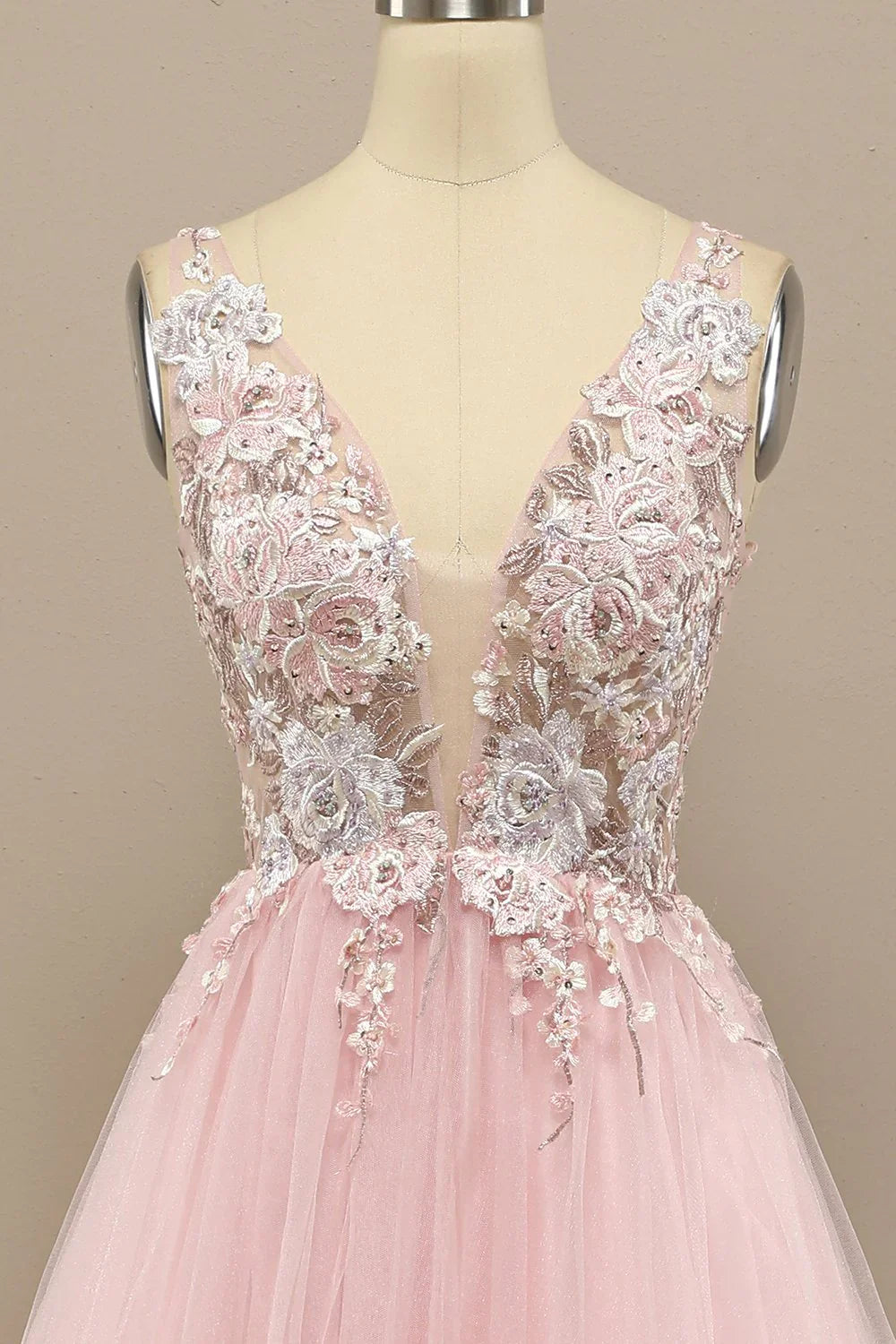 Pink Floral Embroidery V Neck Long Prom Dress