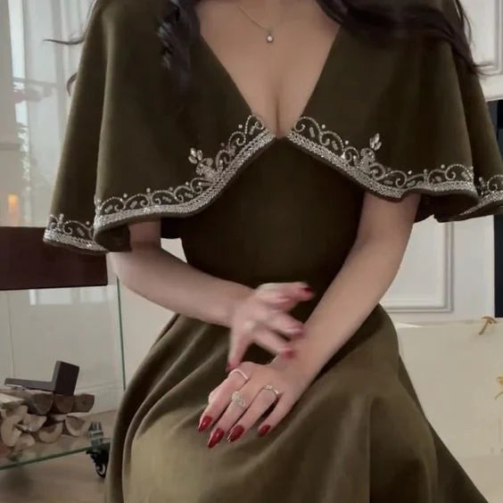 Retro Style V Neck Long Prom Dress,Winter Dance Dress