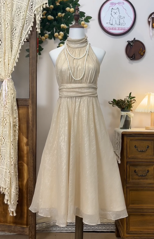 Sparkly Champagne Tulle Sequin A Line Formal Homecoming Dress Halter Birthday Dress
